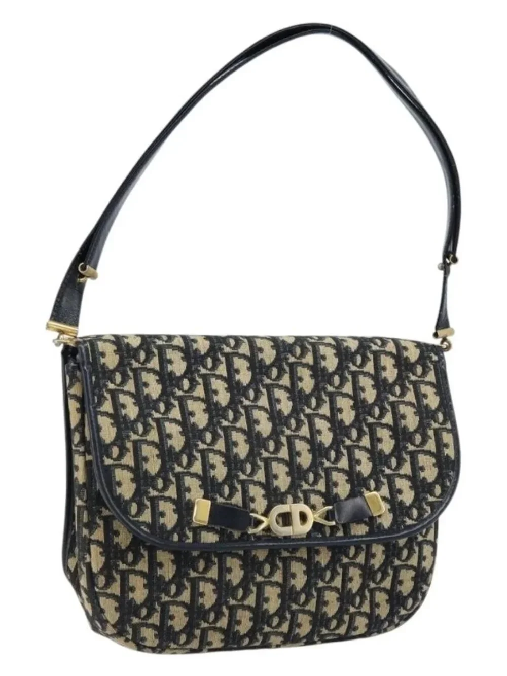 Christian Dior Trotter Canvas Shoulder Bag Navy Gold Auth gh1790 - Picture 2 of 16